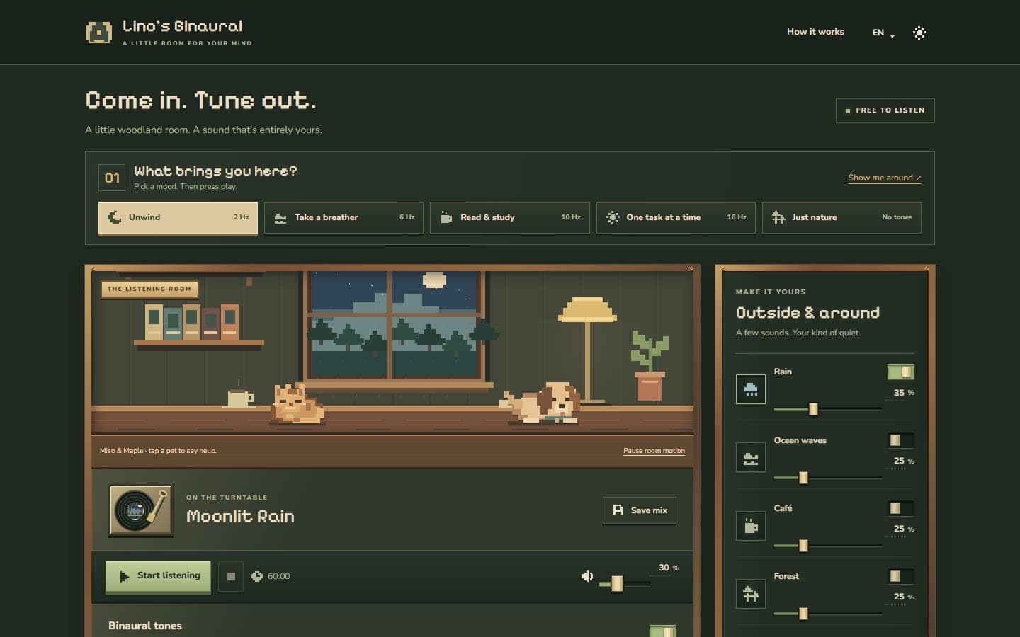 Lino’s Binaural: a pixel-art woodland listening room with five mood presets and ambience sliders.