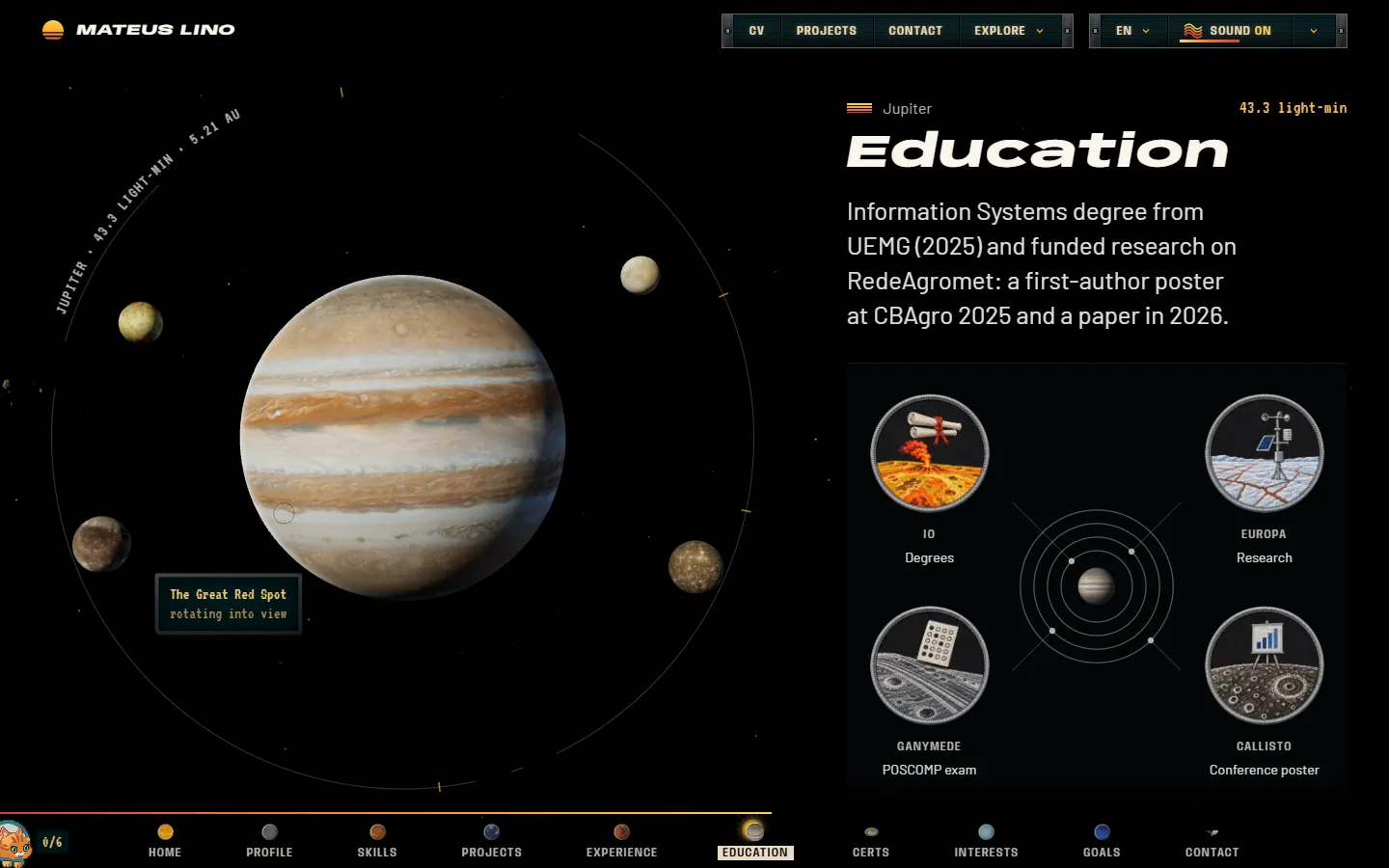 The Education chapter beside Jupiter, its four moons drawn as an orbital diagram.