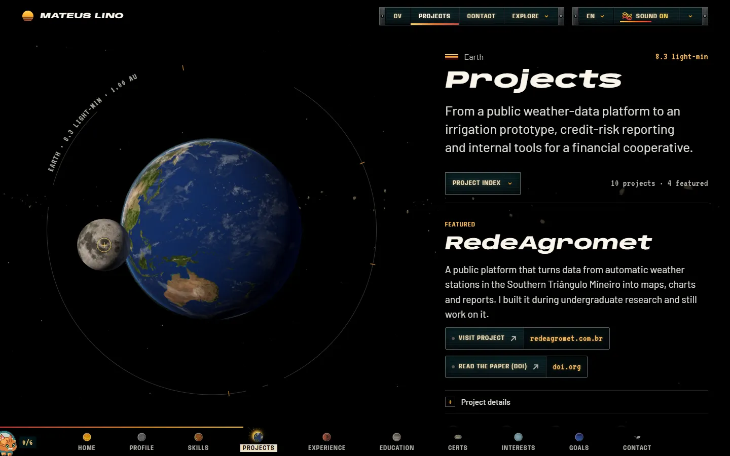 The Projects chapter read beside a 3D Earth and Moon.