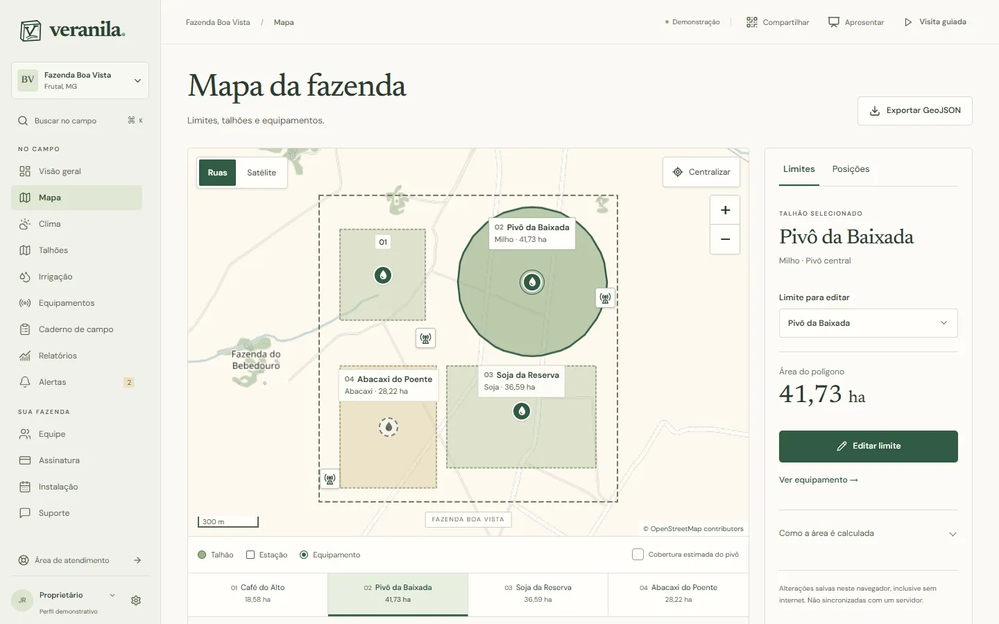 Veranila farm map, in Portuguese: four plots drawn over the farm, one under a centre pivot, with the selected plot’s area beside it.
