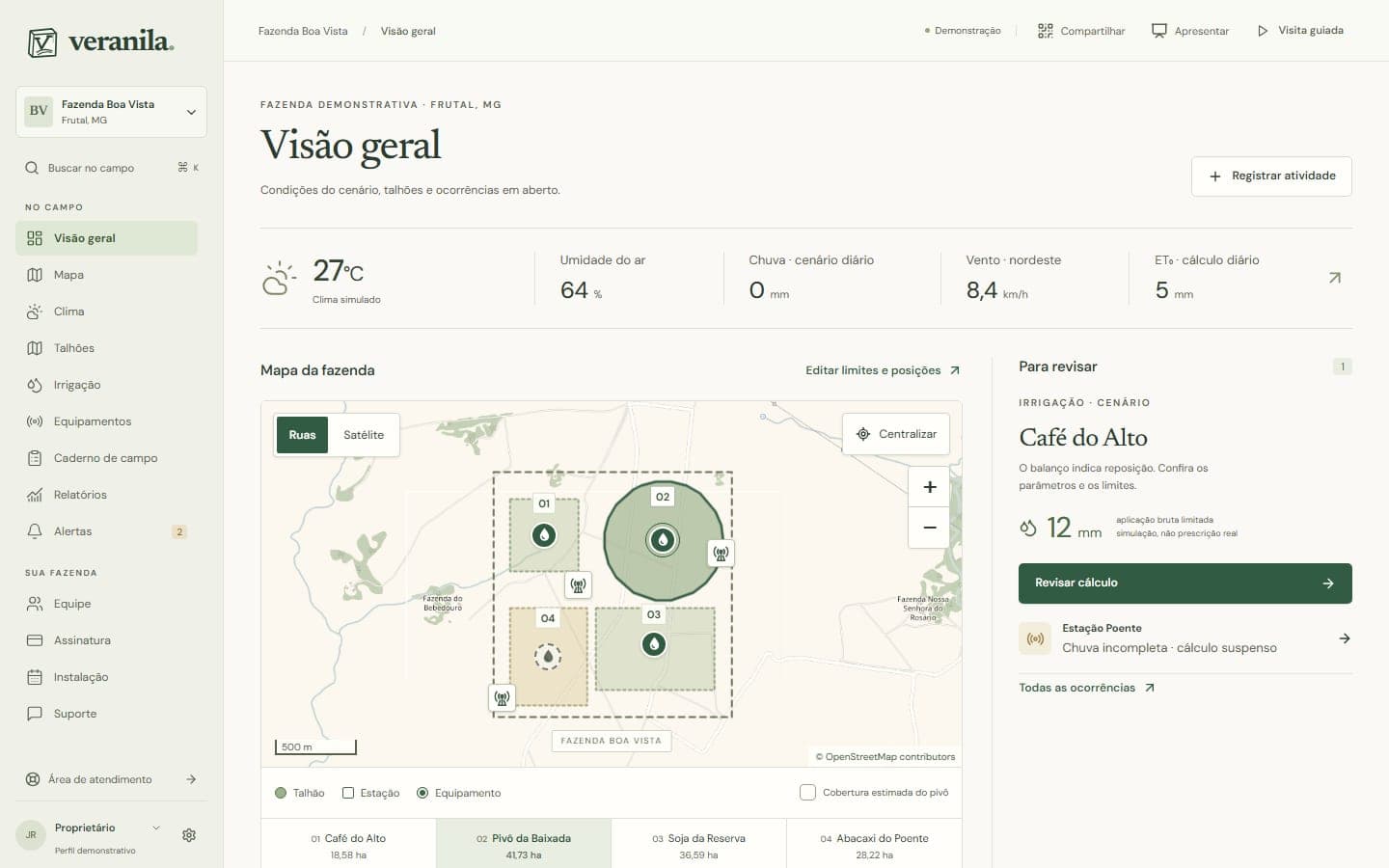 Veranila overview screen, in Portuguese: farm weather, a field map with plots and equipment, and an irrigation recommendation.